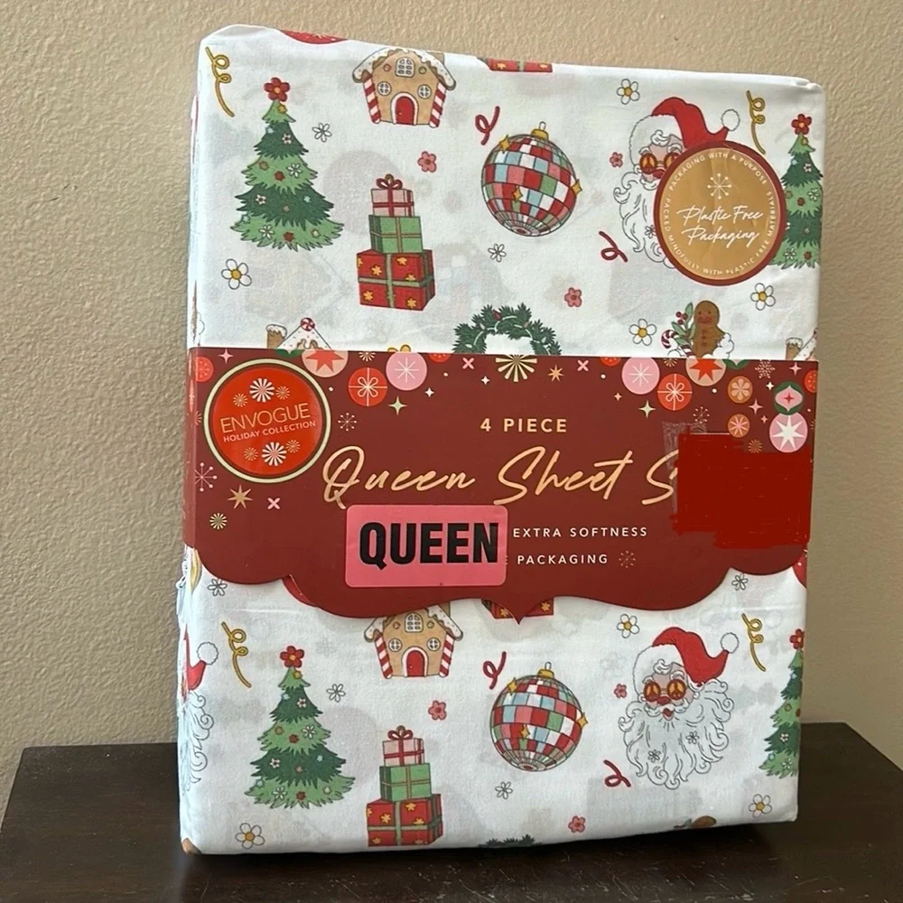 Envogue Queen Sheet Set New Christmas Trees Santa ornaments Gifts Gingerbread